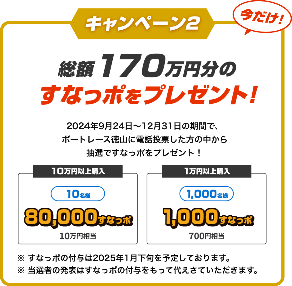 2024年9月24日〜12月31日の期間で、ボートレース徳山に電話投票した方の中から抽選で総額170万円相当のすなっポをプレゼント！ 10万円以上購入で8万すなっポ(10万円相当)が10名様に、1万円以上購入で1000すなっポ(700円相当)が1000名様に当たる。